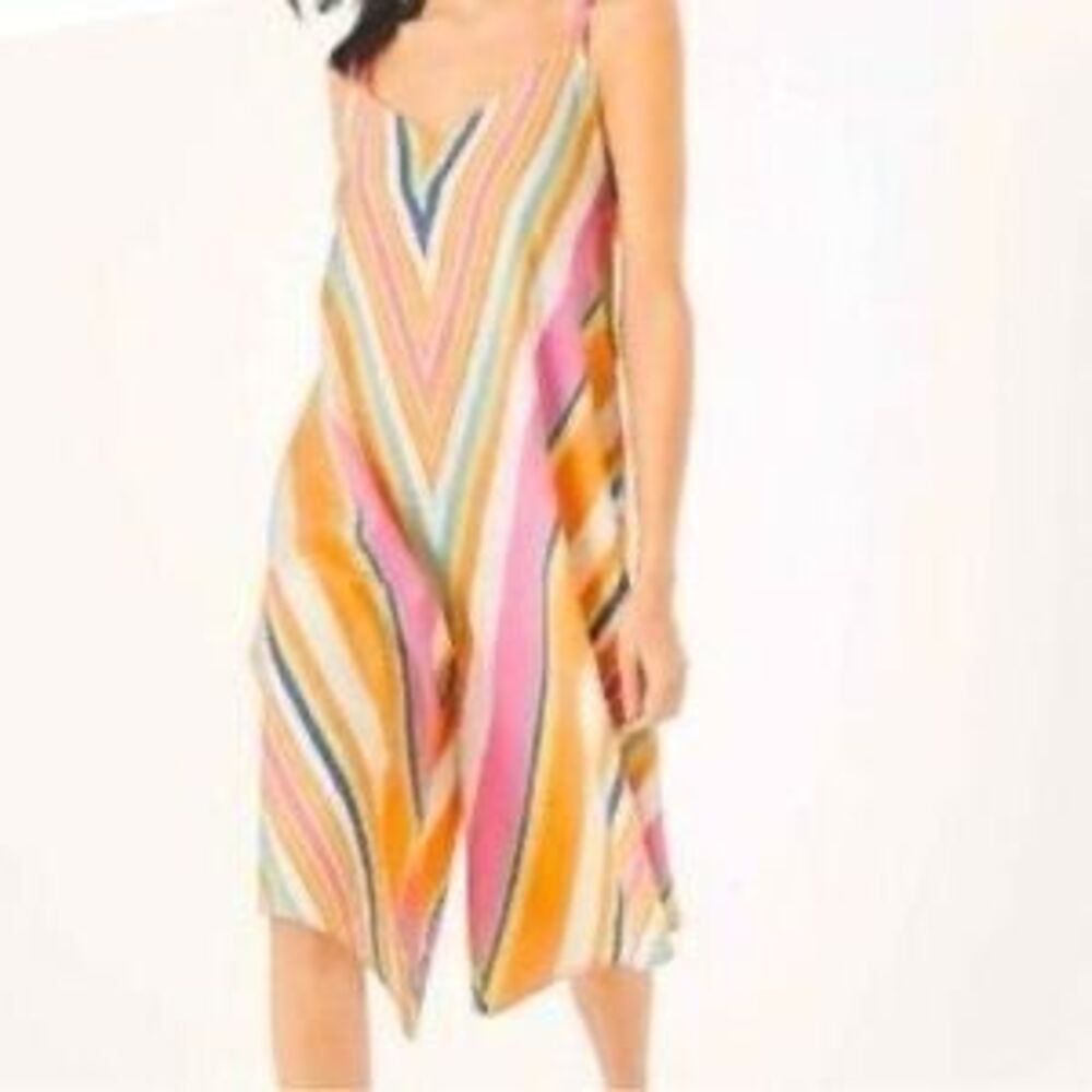 Everlilly Womens Multicolor Linen Blend Striped Asymmetrical Hem Romper Large